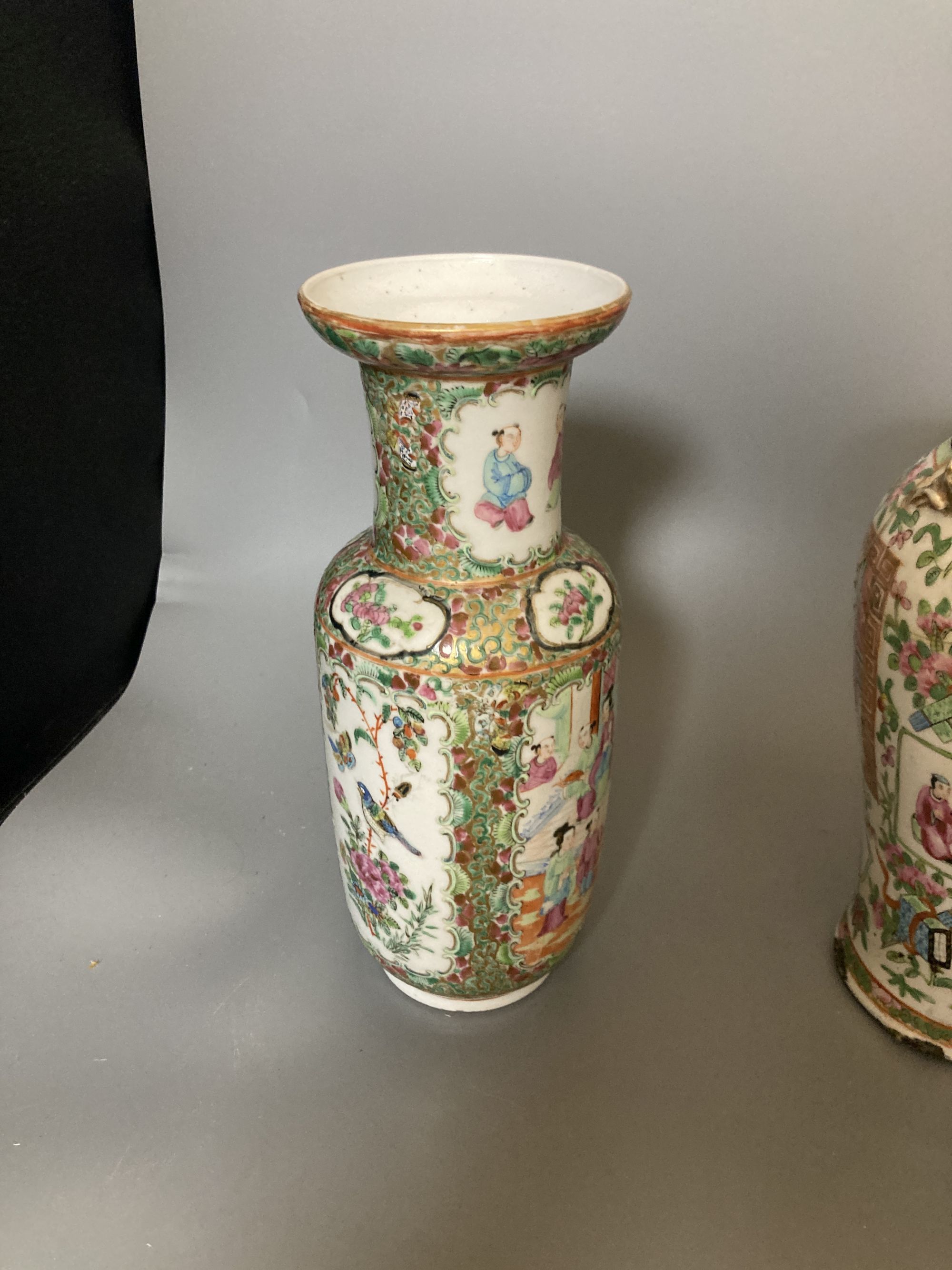 Two 19th century Chinese famille rose vases, a cover and another vase, tallest 26cm